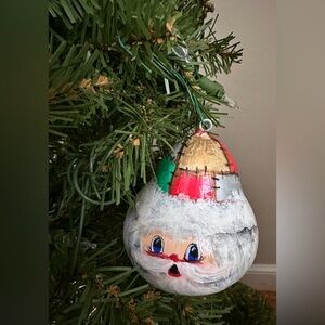 Hand-Painted Handmade Gourd Holiday Santa Claus Patchwork Quilt Ornament Signed